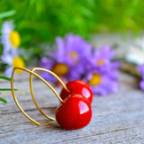 Cherry Earrings, Gold Plated, Fruit Jewelry, Murano Glass