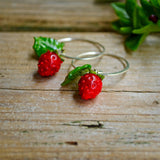Strawberry Earrings, Hoop Earrings, Fruit Food Earrings, Murano Glass