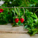 Strawberry Earrings, Hoop Earrings, Fruit Food Earrings, Murano Glass