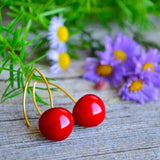 Cherry Earrings, Gold Plated, Fruit Jewelry, Murano Glass