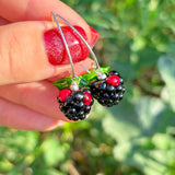 Blackberry Earrings, Food-Inspired Jewelry, Sterling Silver, Murano Glass, Lampwork