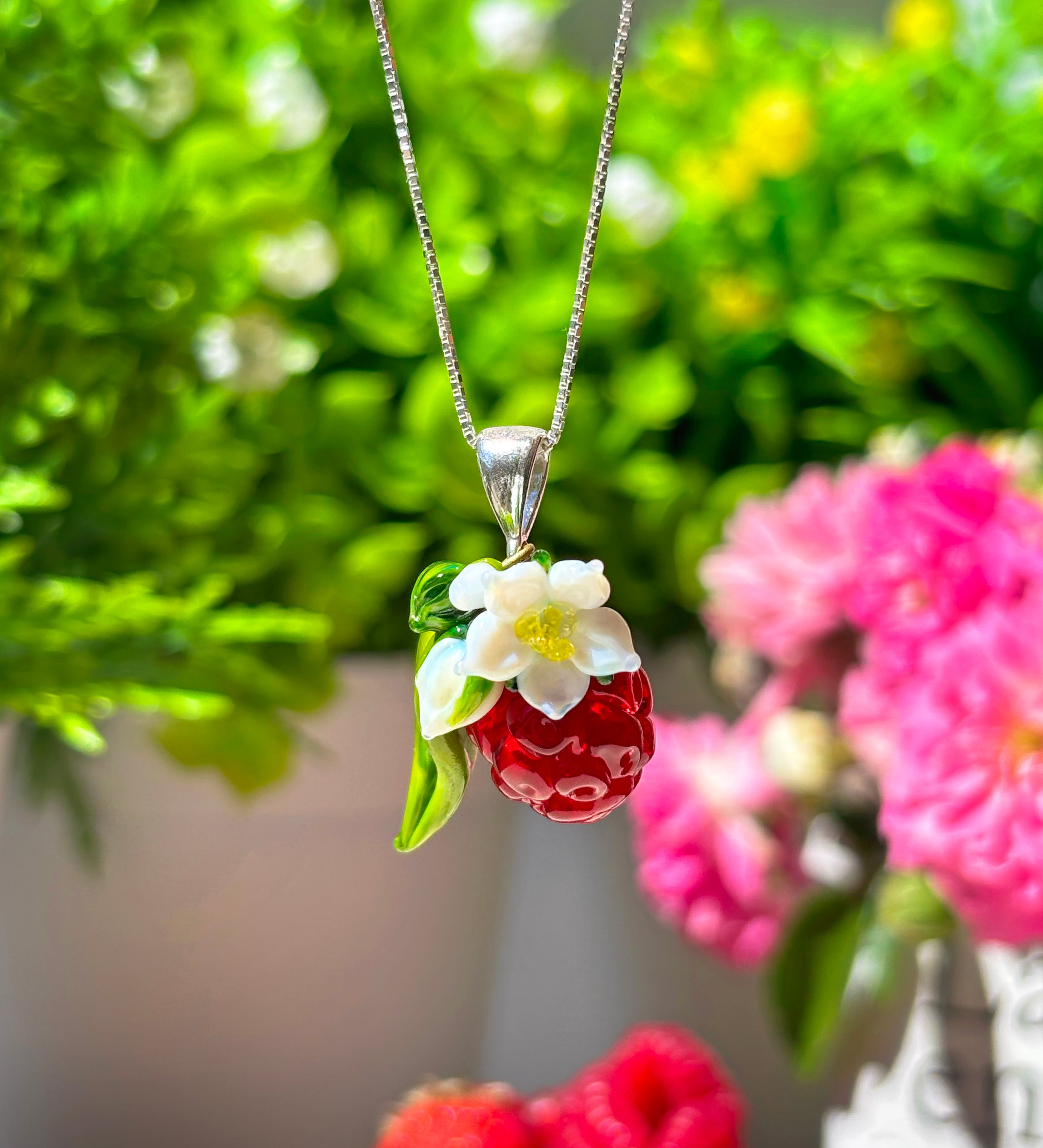 Lucky Raspberry Blossom Charm Necklace