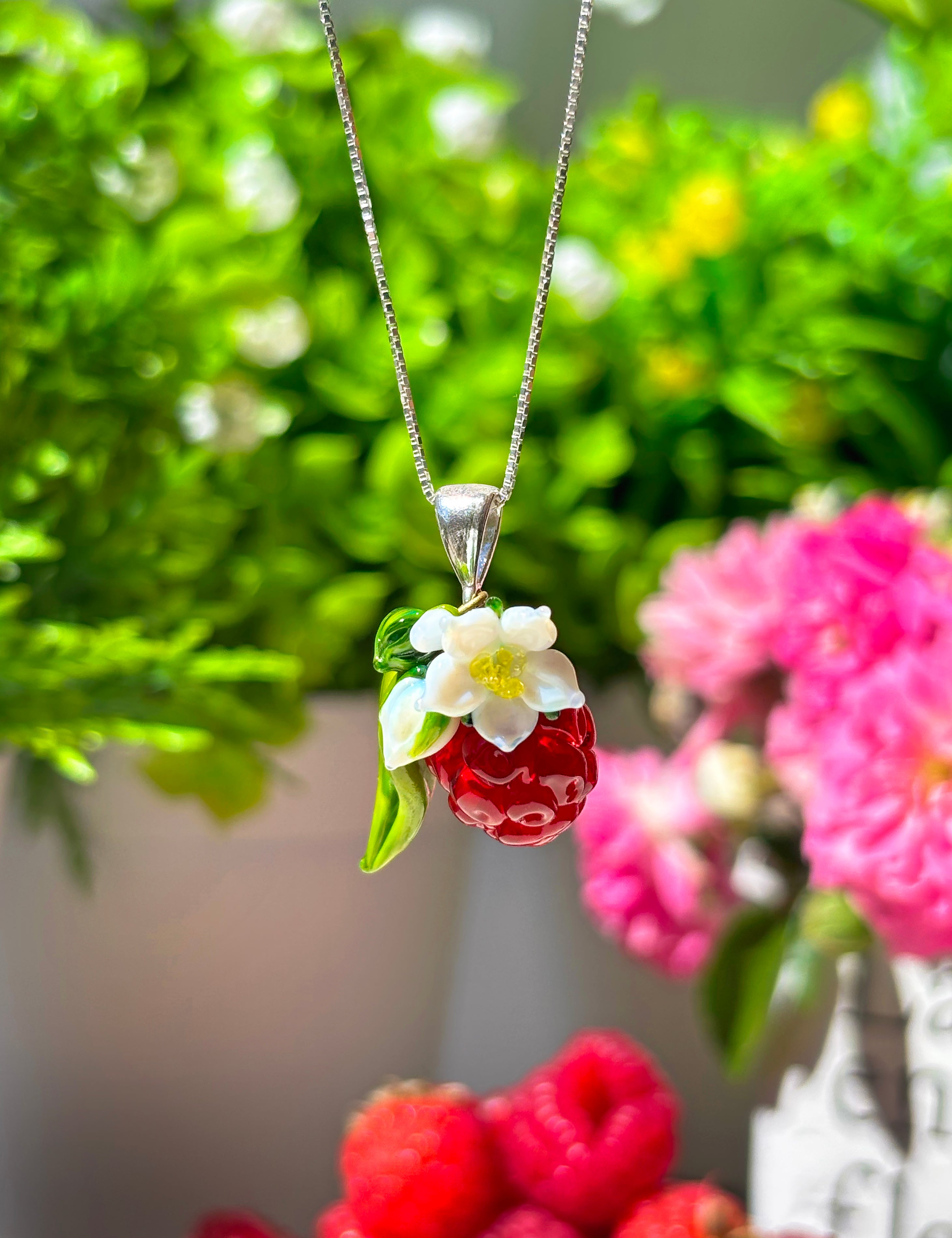 Lucky Raspberry Blossom Charm Necklace